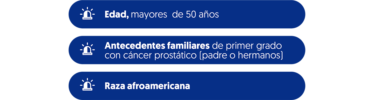 Factores de riesgo, Edad mayor de 50 años, antecedentes familiares de primer grado, decendiente de raza afroamericana