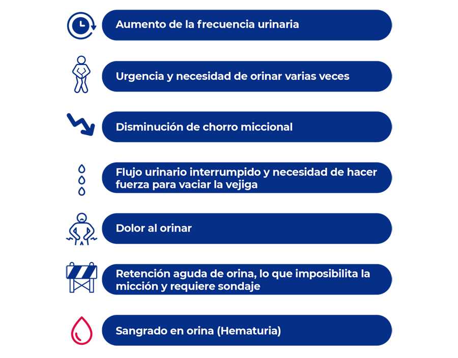 Síntomas, aumento de la frecuencia urinaria, orinar con sancre, flujo urinario interrumpido, disminución del flujo miccional, dolor al orinar, retención aguda de orina con necesidad de colocación de sonda