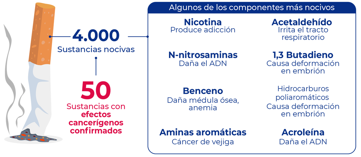 Sustancias qúimicas del cigarrillo, nicotina, acetaldehído, B-nitrosaminas, 1,3 Butadieno, Benceno, Hdricarburos, Aminas aromáticas, Acroleína ( Daña el ADN)