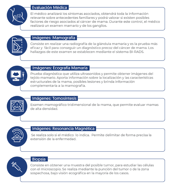 métodos diagnósticos, evaluación médica, imagenología, mamografía, ecografía mamaria, tomosíntesis, resonancia magnética, biopsia