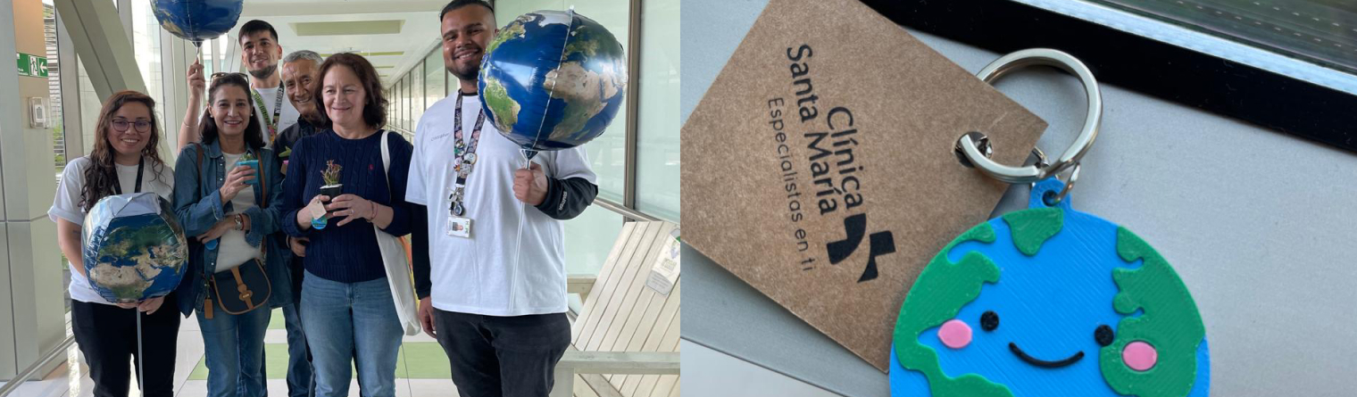 Personas celebrando y souvenir llavero planeta