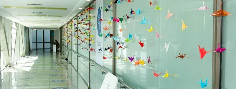 Decoración de grullas de papel en Expo Arte 1000 Grullas Por La Salud, Clínica Santa María