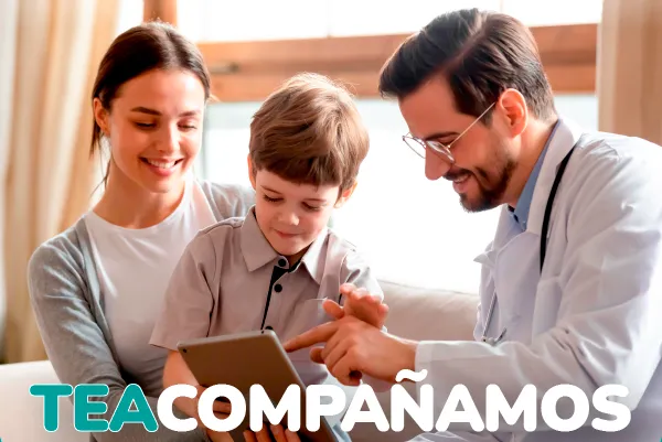 TEA Te acompañamos con pictogramas. Mamá, papá y niño mirando dibujos.